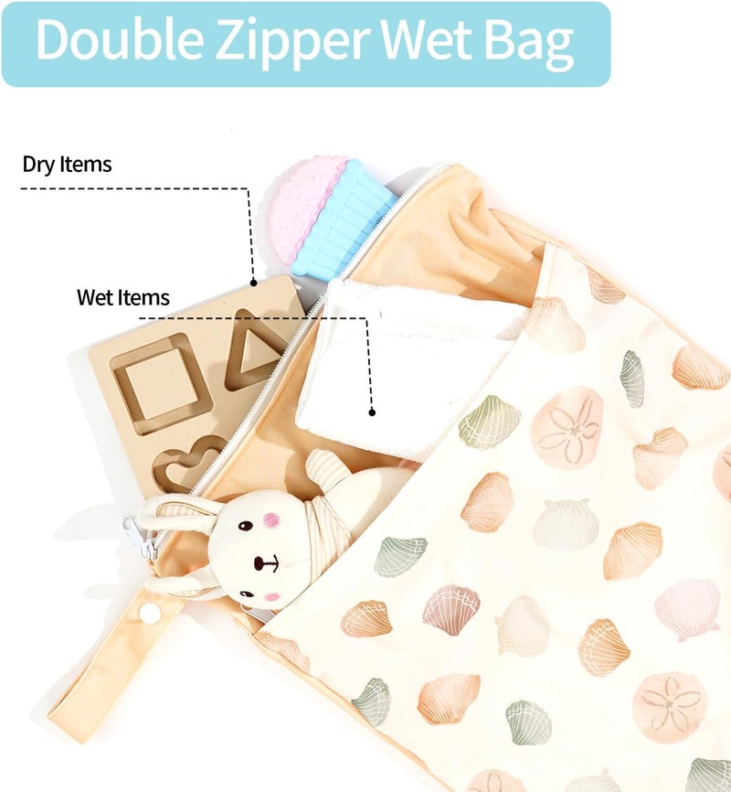 CoolaPeach 2pcs Wet Bags Waterproof Reusable Wet Dry Bag with Two Zippered Pockets Travel Beach Pool Daycare Yoga Gym Bag for Baby Cloth Diaper,Swimsuits,Wet Clothes (Shells & Starfish) - Image 4